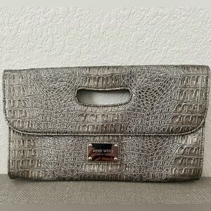 Nine West Silver Snakeskin Foldover Clutch
